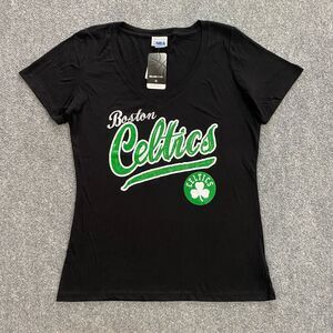 Boston Celtics Glitter Logo V-Neck Shirt Womens Medium Black NBA Basketball NWT